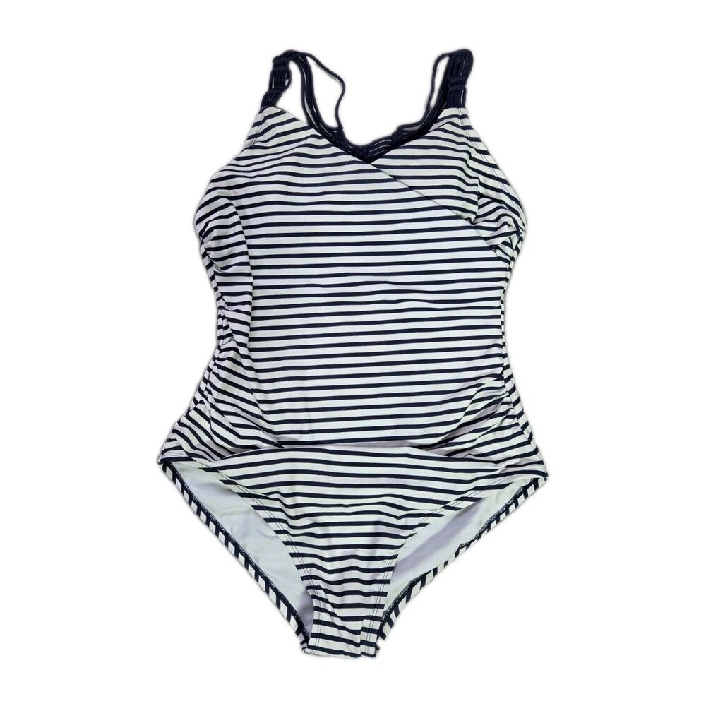 Kona Sol Navy White Striped Crisscrkss One Piece Swimsuit Macrame Back Sz L EUC